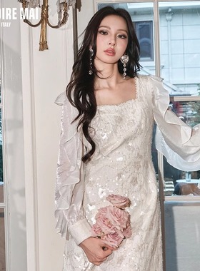 MAI DIRE MAI优雅气质亮片方领花边袖礼服高腰珠领显瘦连衣裙女秋