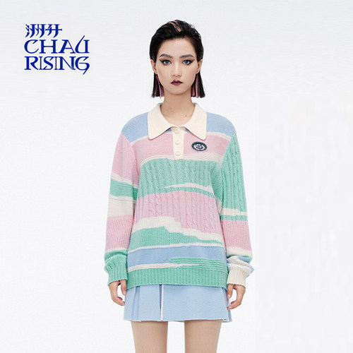 洲升/CHAU.RISING冬季新款学院风polo领条纹羊绒套头衫上衣女