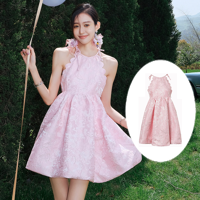 设计师diana vevina2022春夏新款甜美可爱粉色钉珠提花无袖连衣裙