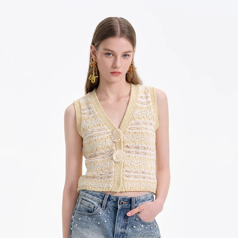 ROCHAROMA春夏新款向日葵马甲针织开衫V领修身显瘦短款上衣女士