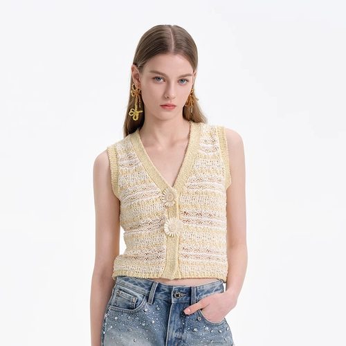 ROCHAROMA春夏新款向日葵马甲针织开衫V领修身显瘦短款上衣女士