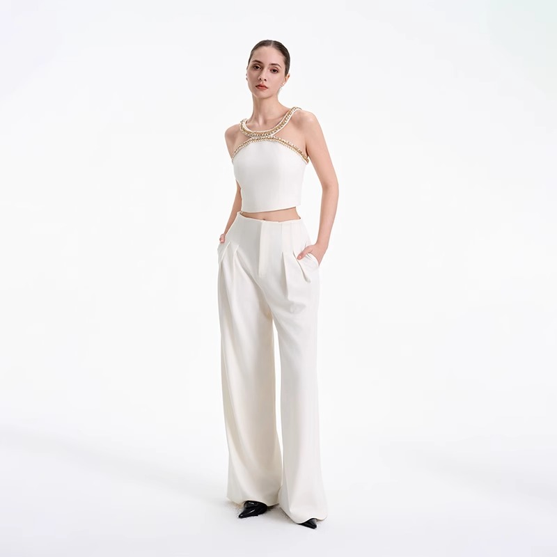 ROCHAROMA春夏新款度假风手工订珠水钻背心上衣高腰阔腿裤套装女