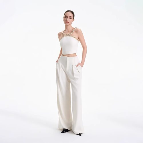 ROCHAROMA春夏新款度假风手工订珠水钻背心上衣高腰阔腿裤套装女