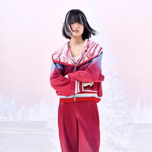 CHAU.RISING 女士百搭宽松火焰纹羊绒牛仔拼接外套 洲升23秋冬新品