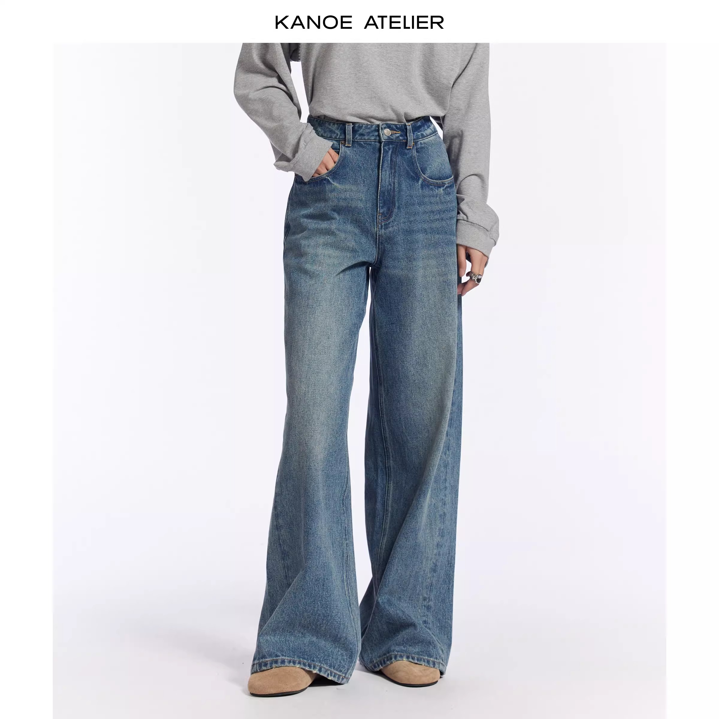 KANOE ATELIER复古阔腿牛仔裤女2024秋季新款气质宽松休闲长裤