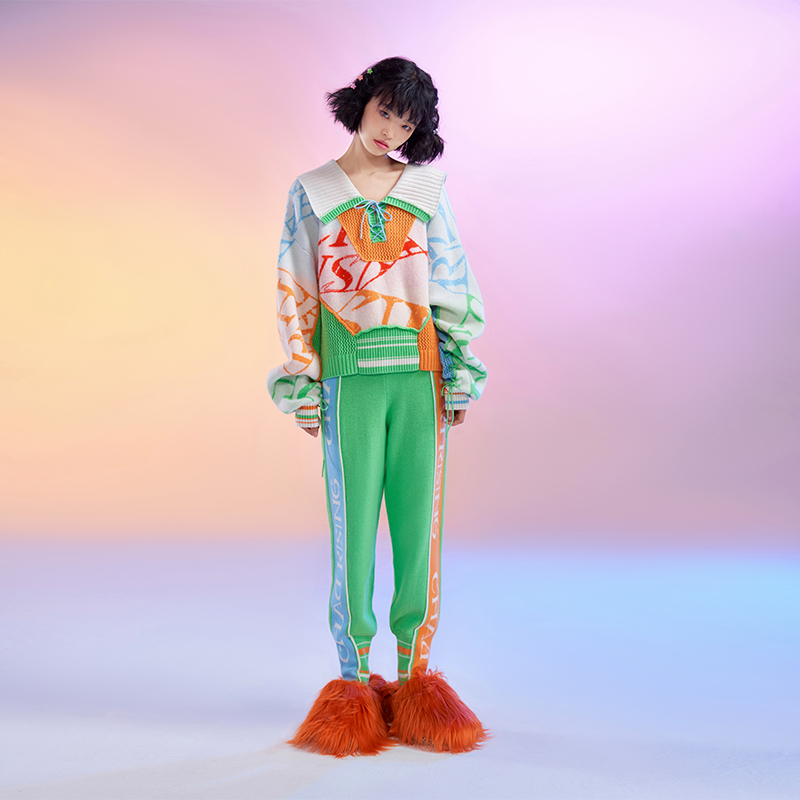 抽绳拼接大翻领长袖羊绒针织衫