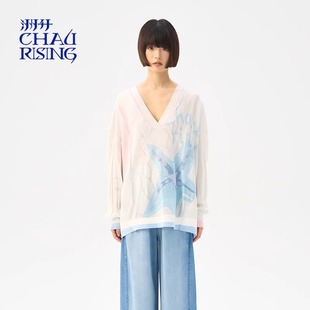 CHAU.RISING 洲升24春夏新款 初春薄款 女士海洋印花休闲V领针织衫