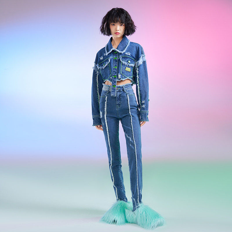 CHAU.RISING/洲升时尚百搭牛仔短外套小脚休闲裤女弹力修身牛仔裤