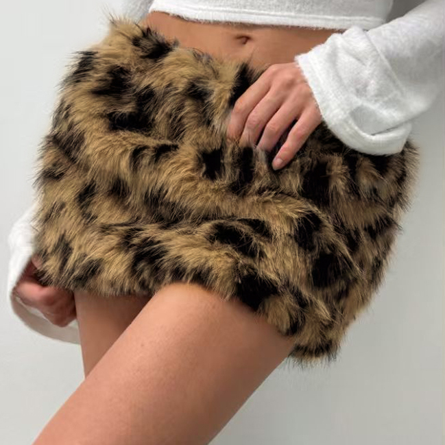 欧美复古性感炸街豹纹包臀裙毛毛短裙显瘦半身裙百搭辣妹超短裙