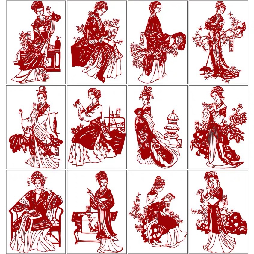红楼梦手工剪纸电子版图样素材刻纸金陵十二钗款人物古代传统学生