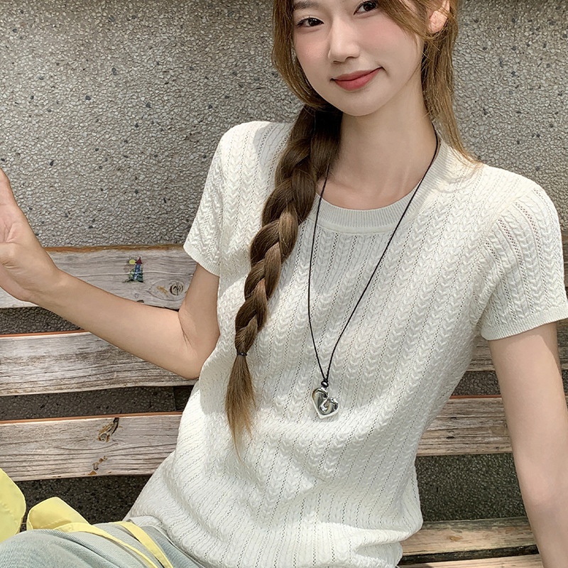 杏色针织独特短袖T恤女