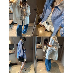 摩且 小众肌理感 侧开叉设计感翻领宽松显瘦全棉条纹衬衫 MQ1167