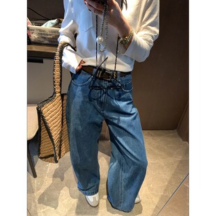 MQ1136 高级感水洗蓝弯刀剪裁宽松阔腿牛仔裤 摩且 时髦博主腔调