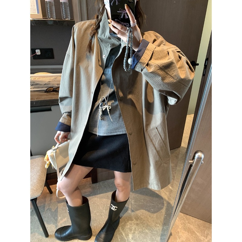 摩且 老钱腔调 法式复古英伦风立领宽松休闲格纹风衣外套 MQ0785