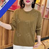 长袖 新款 大码 圆领印花春秋打底衫 卫衣女洋气宽松t恤女上衣 妈妈装