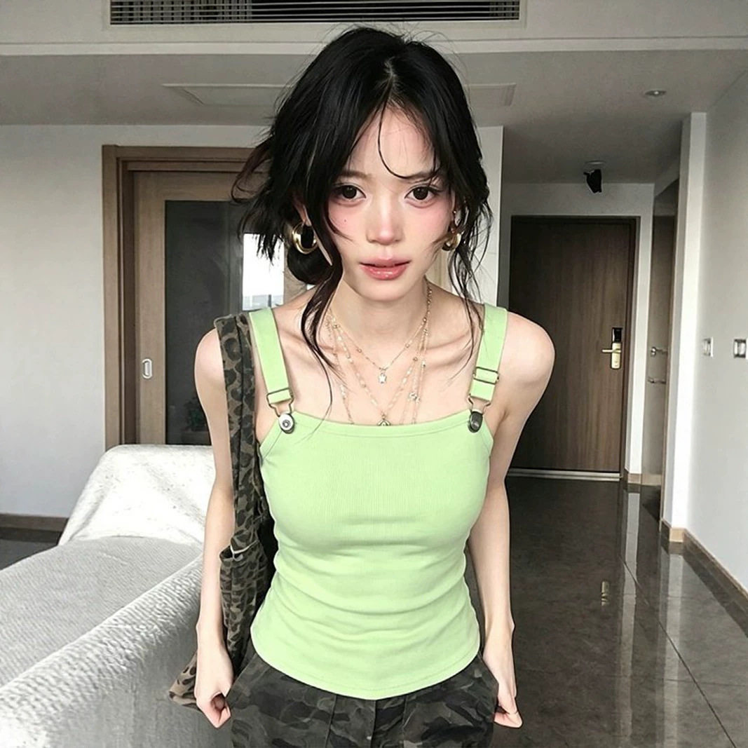 美式绿色工装吊带背心女夏季内搭外穿修身显瘦甜辣妹短款无袖上衣