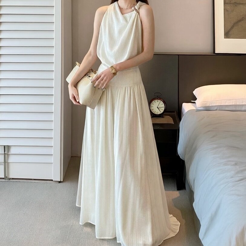 PINKEEN杏色时尚套装女2026夏季金属扣吊带上衣拖地阔腿裤两件套