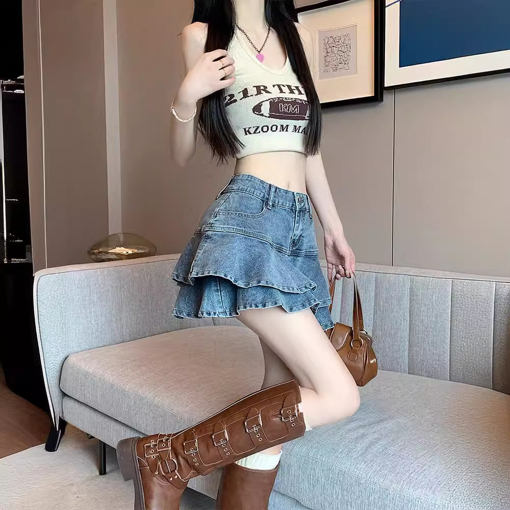 荷叶边牛仔短裙女夏高腰蛋糕裙显瘦包臀A字小个子辣妹超短鱼尾裙