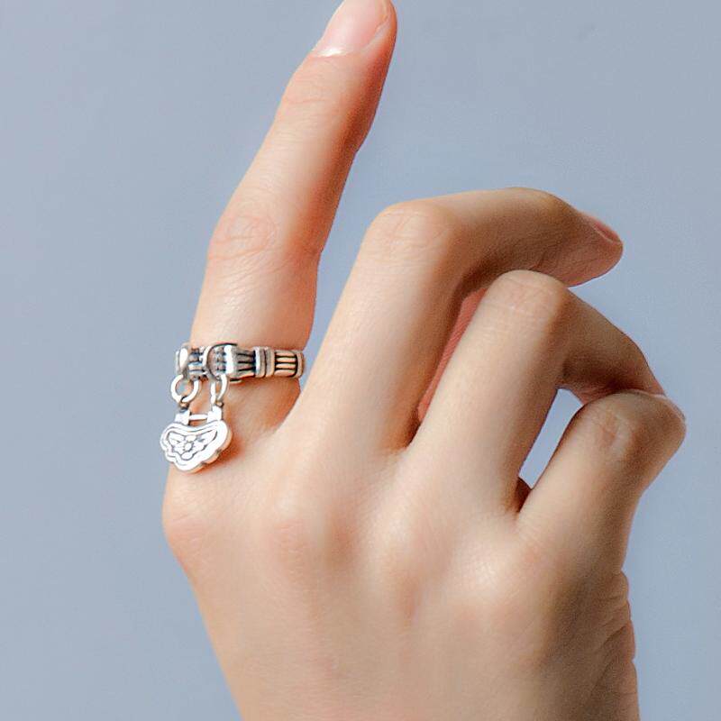 足银饰复古纯银如意锁戒指古风文艺同心锁吉祥转运平安情人节礼物