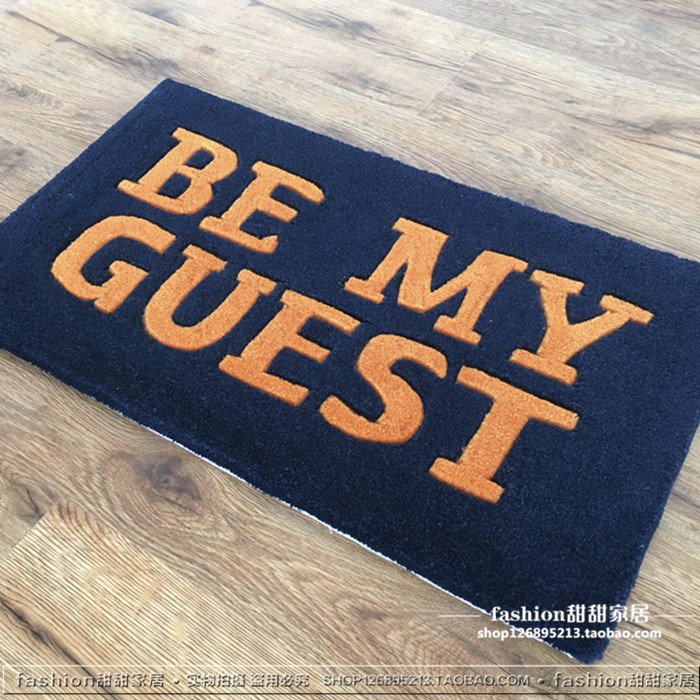 时尚个性英文地毯卧室入户玄关门垫深蓝色样板间民宿厚实手工地毯