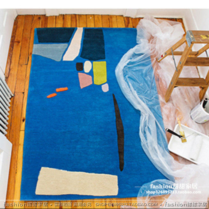 现代个性蓝色海洋蓝地中海男孩儿童房地毯卧室床边艺术满铺防摔垫