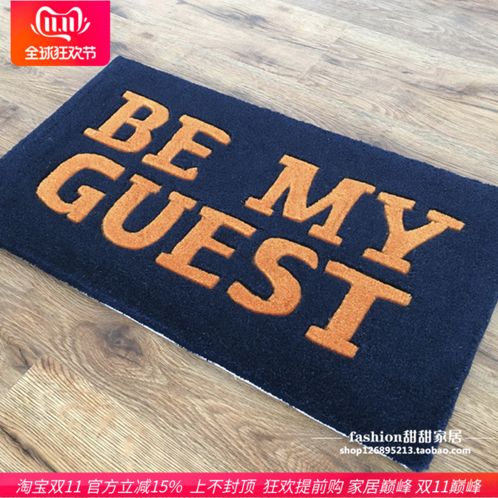 时尚个性英文地毯卧室入户玄关门垫深蓝色样板间民宿厚实手工地毯