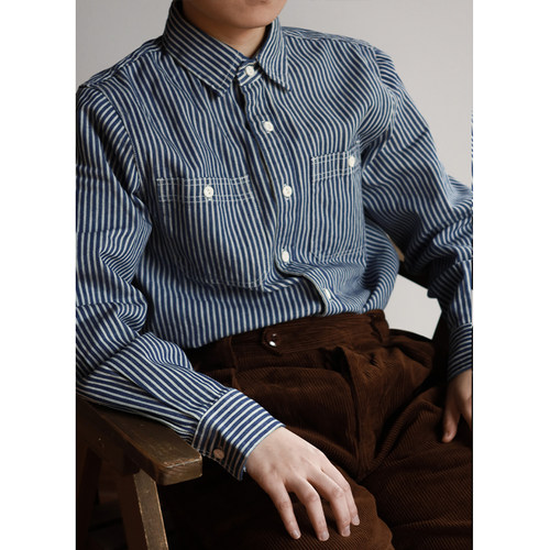 未兑商店 秋冬新款阿美咔叽竖条纹男式衬衫 美式复古工装长袖衬衣