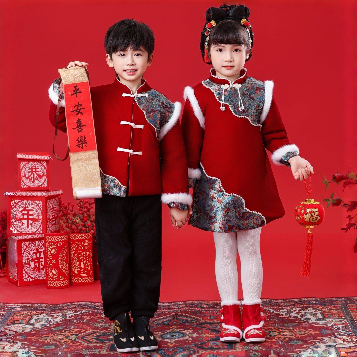 儿童过年服装冬季拜年服男童加厚女童汉服女宝年服唐装男宝喜庆服