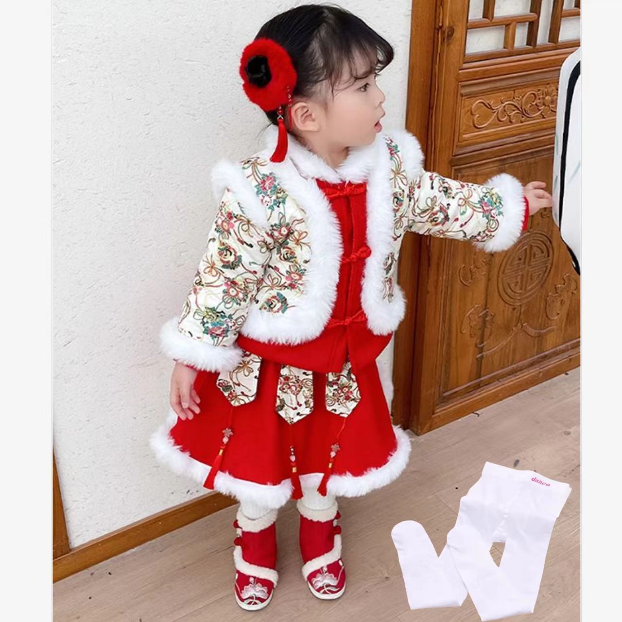 女童汉服冬装加厚新中式套装周岁儿童中国风唐装女宝宝拜年服