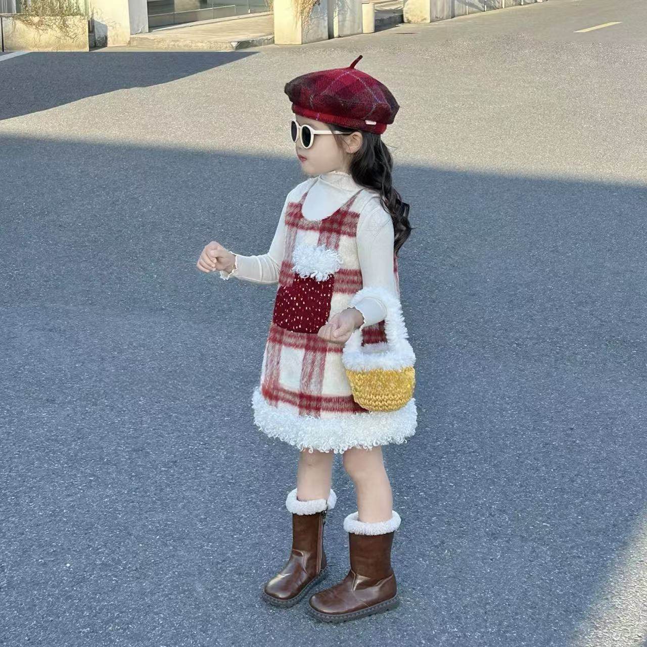 女童加厚裙子2025秋冬女宝红格子夹棉背心裙儿童毛呢圣诞裙两件套