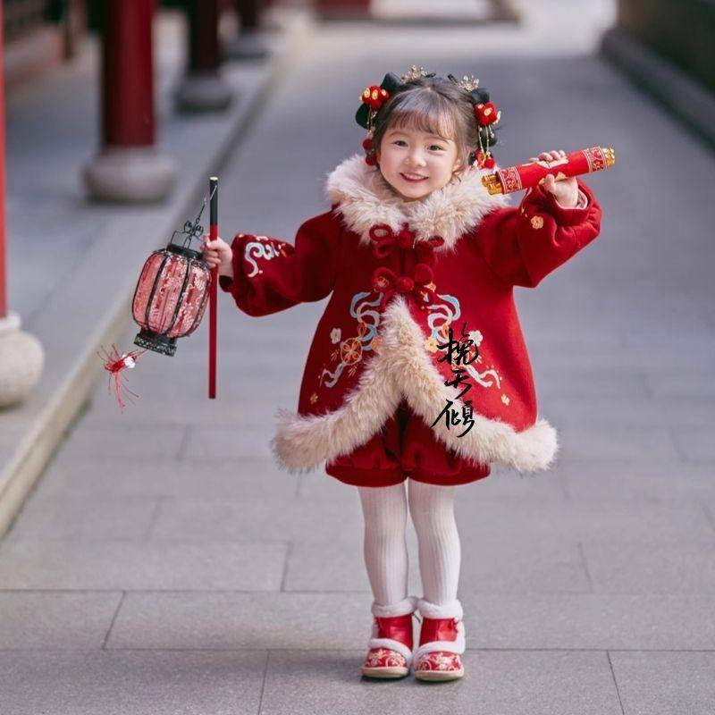 女童汉服冬款中国风加绒加厚拜年服古风唐装女宝宝洋气喜庆新年服