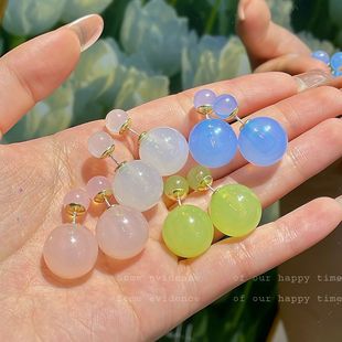 夏季小清新马卡龙色耳钉女银针小众泡泡珍珠后缀式双面圆球耳环女
