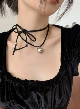 网红韩素希同款甜酷爱心系带项链女轻奢小众锁骨链高级感辣妹颈链