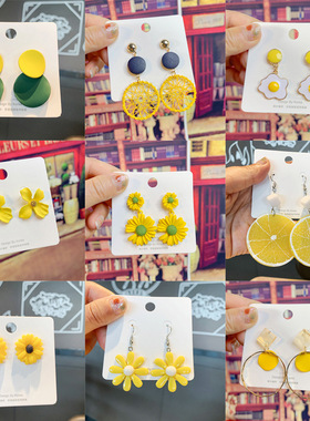 个性简约百搭网红耳钉适合夏天的黄色系耳环甜美少女几何花朵耳饰