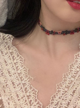 网红复古风编织锁骨链茱萸刺绣花朵项圈颈链森系民族风短款项链女