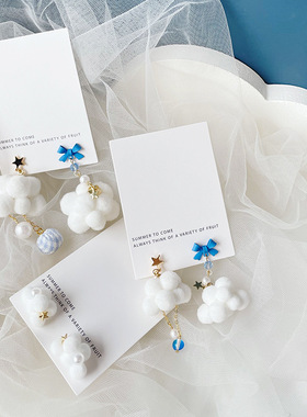 白色云朵耳坠蝴蝶结结耳环甜美棉花s925银针耳钉毛绒球球可爱耳夹