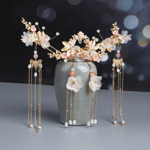 汉服头饰女古风流苏步摇发插金色发簪新娘发梳女童发冠饰唯美套装