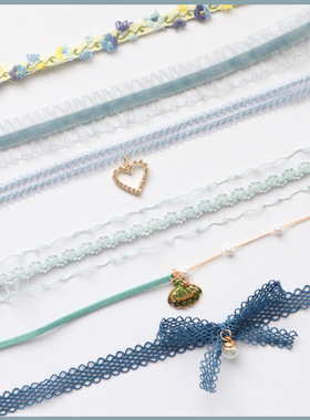 网红新中式高级感饰品甜美雾霾灰蓝蕾丝蝴蝶结爱心颈链锁骨链项链
