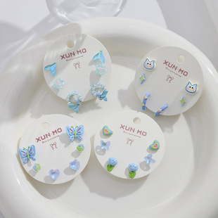 小巧百搭耳环可爱清新耳饰夏季海蓝色银针组合耳钉一套女学生日系