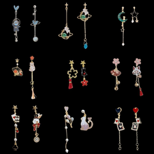 小清新不对称猫咪月亮星星耳钉唯美梦幻长款流苏耳环显脸瘦耳坠女