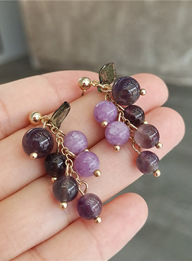 S925银针复古葡萄耳钉气质紫色流苏耳环日韩国小巧短款无耳洞耳夹