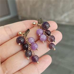 S925银针复古葡萄耳钉气质紫色流苏耳环日韩国小巧短款无耳洞耳夹