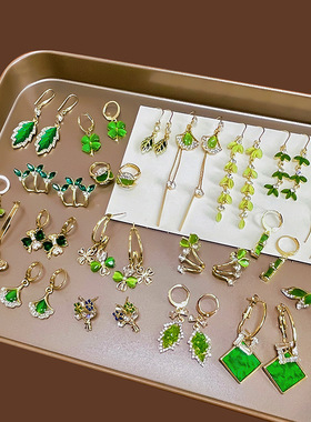 s925银针绿色猫眼石花朵耳环网红抖音防丢银杏耳线竹子四瓣花耳扣