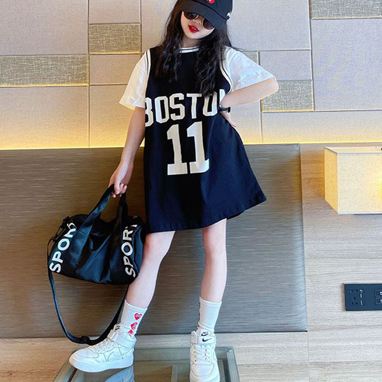 夏季新款中大童遮屁股短袖上衣洋气韩版儿童女童中长款T恤篮球服