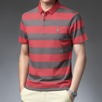 Woodpecker 2024 Summer Middle-aged short-sleeved T-shirt Men's striped casual lapel pure cotton polo shirt loose thumbnail 4