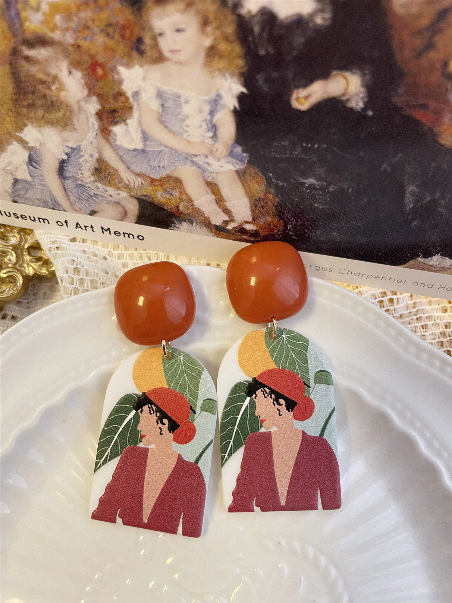包邮 油画风高级感耳钉橘色调异域风情女人文艺浮雕耳环耳夹