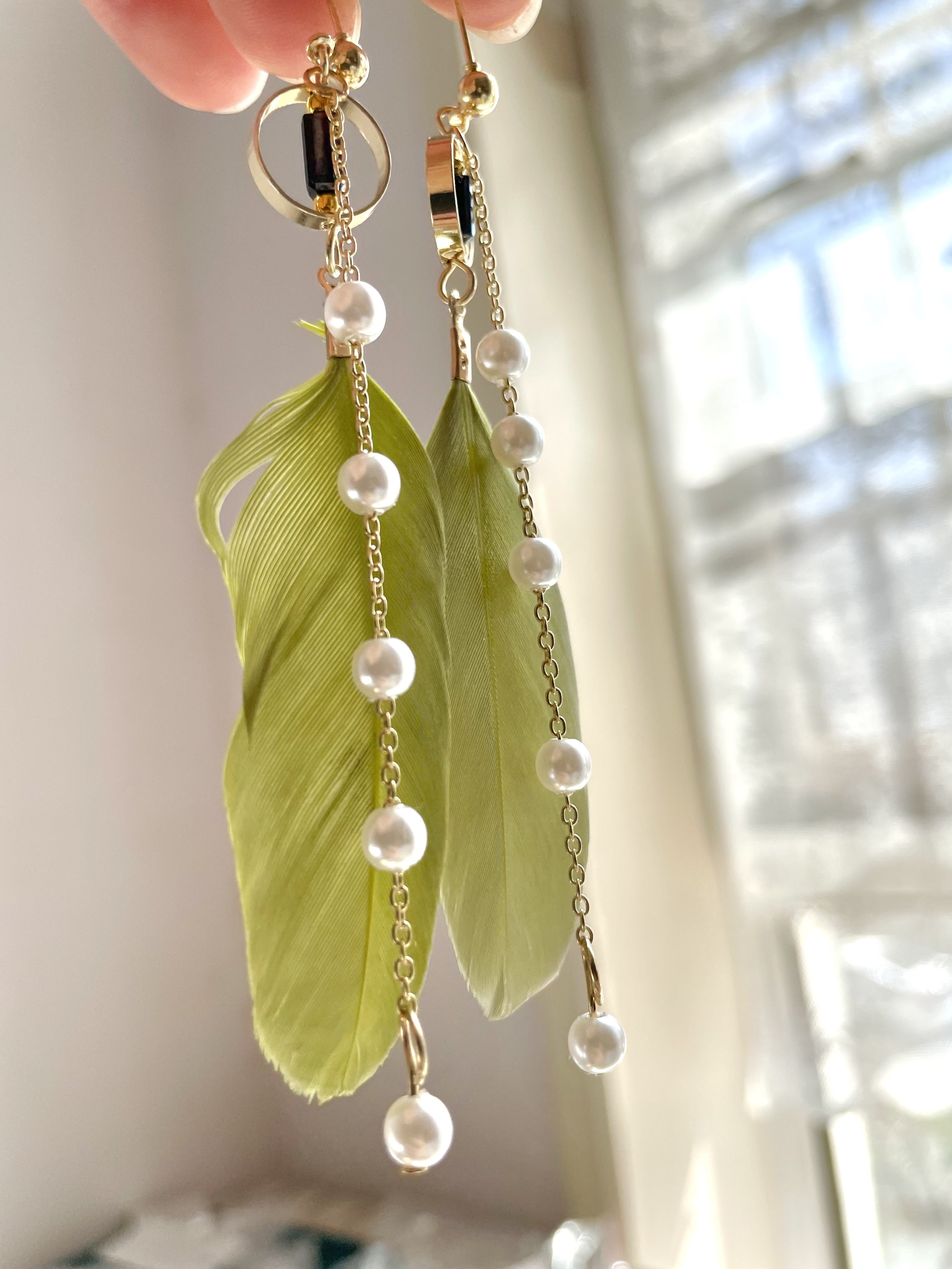 原创设计羽毛耳环女 串珠珍珠流苏耳钉 优雅气质耳夹 度假风复古