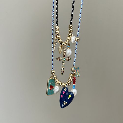 美式彩色滴油爱心蝴蝶吊坠编绳项链女y2k珍珠油画风设计锁骨链潮