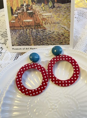 日韩vintage手作复古港风简约红色波点耳环夸张气质几何撞色耳夹