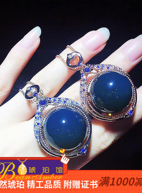 边记琥珀项坠蓝色妖姬墨西哥蓝珀吊坠奢华大珠S925银项链毛衣坠